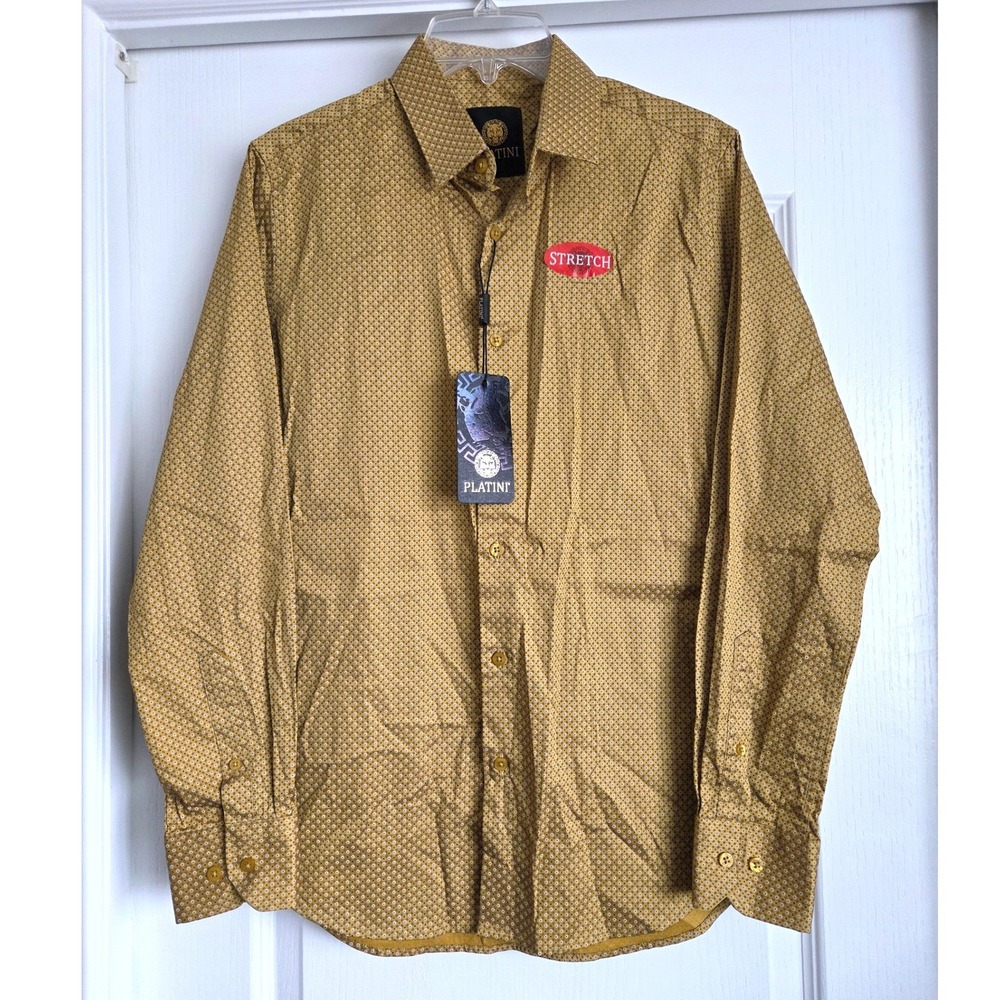 Platini Jean Mustard Yellow Geometric Diamond Long Sleeve Stretch Button Shirt S